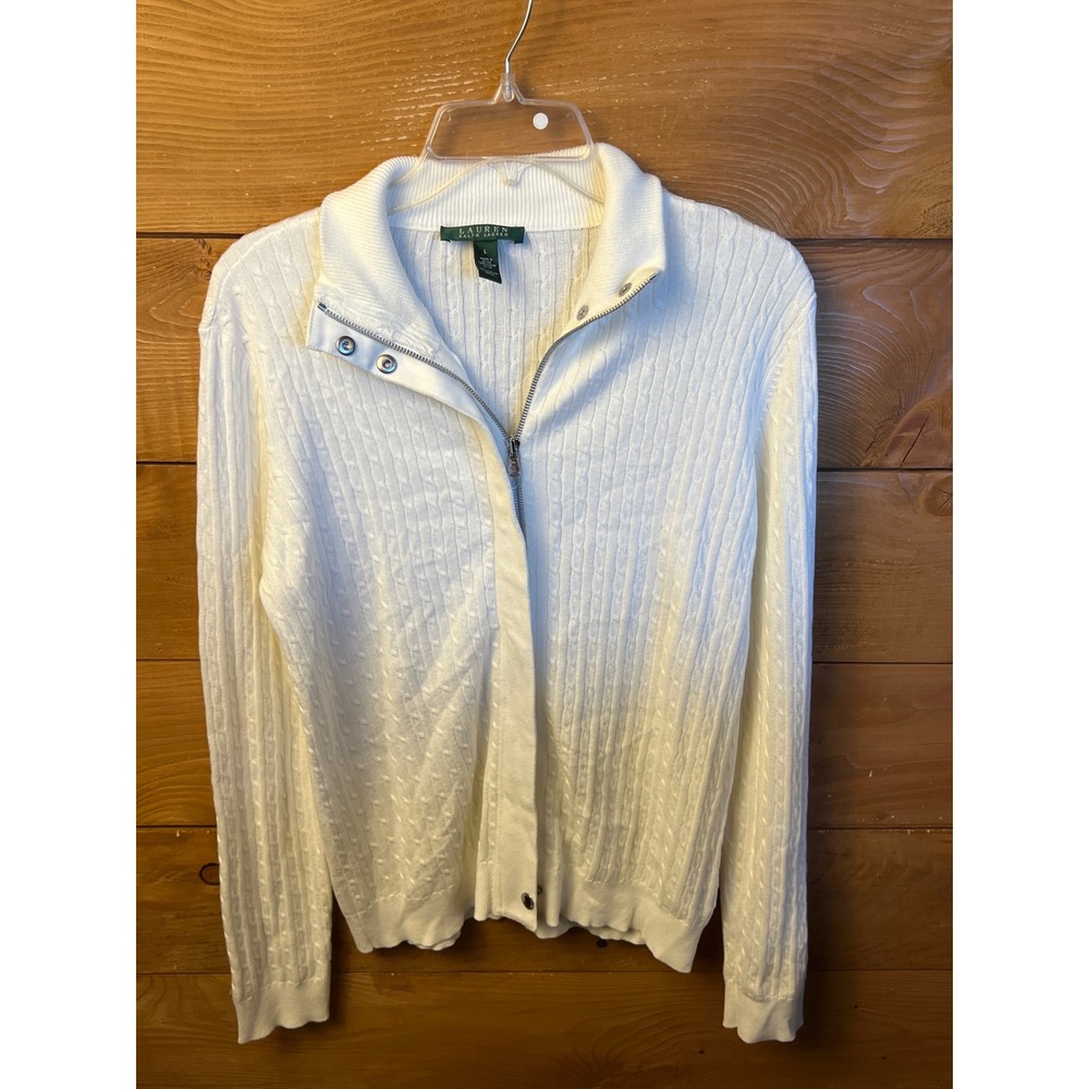 Lauren Ralph Lauren Women's Cable Knit Full Zip Cardigan‎ Ivory Sweater Large
